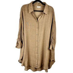 Miss Love Womens Linen Viscose Button Down Size S Oversized Blouse Brown Relaxed